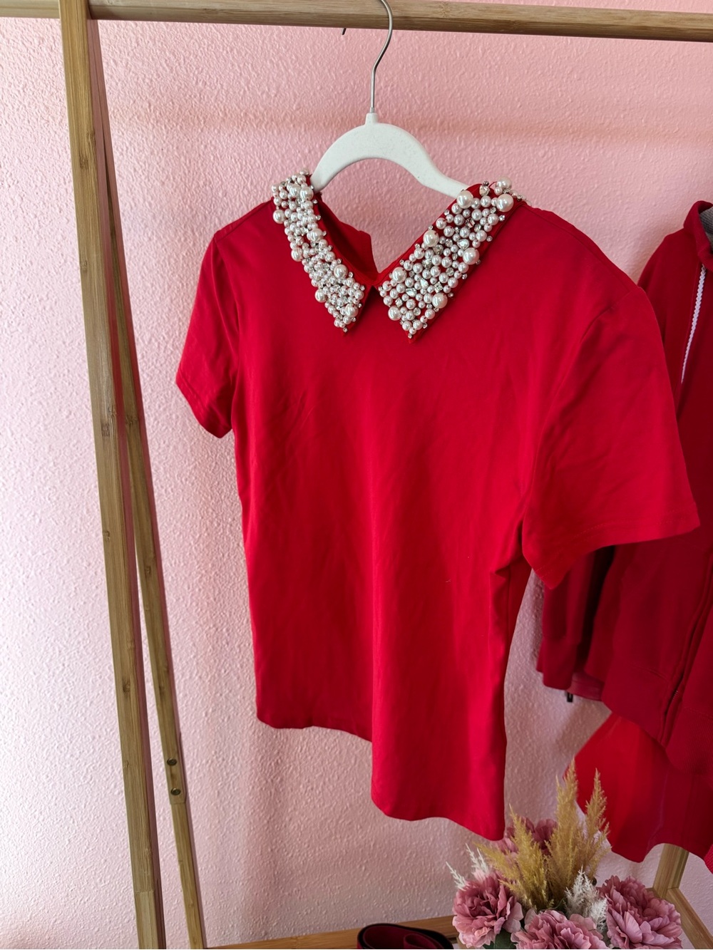 Red Pearl-Embellished Collar Women's Top